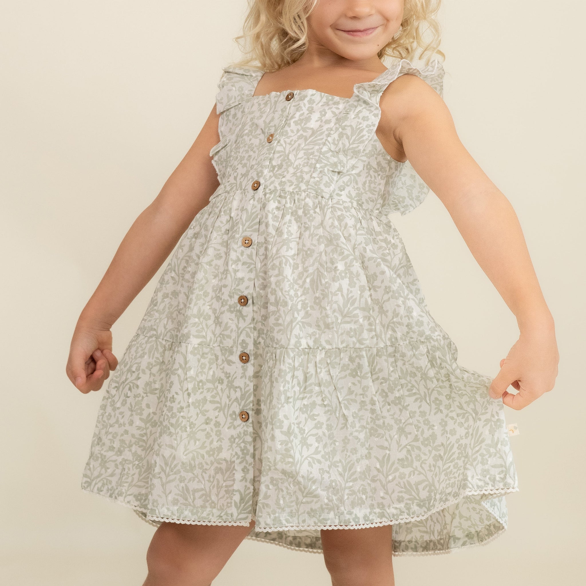 Organic Flutter Buttoned Tiered Dress - Sage Floral