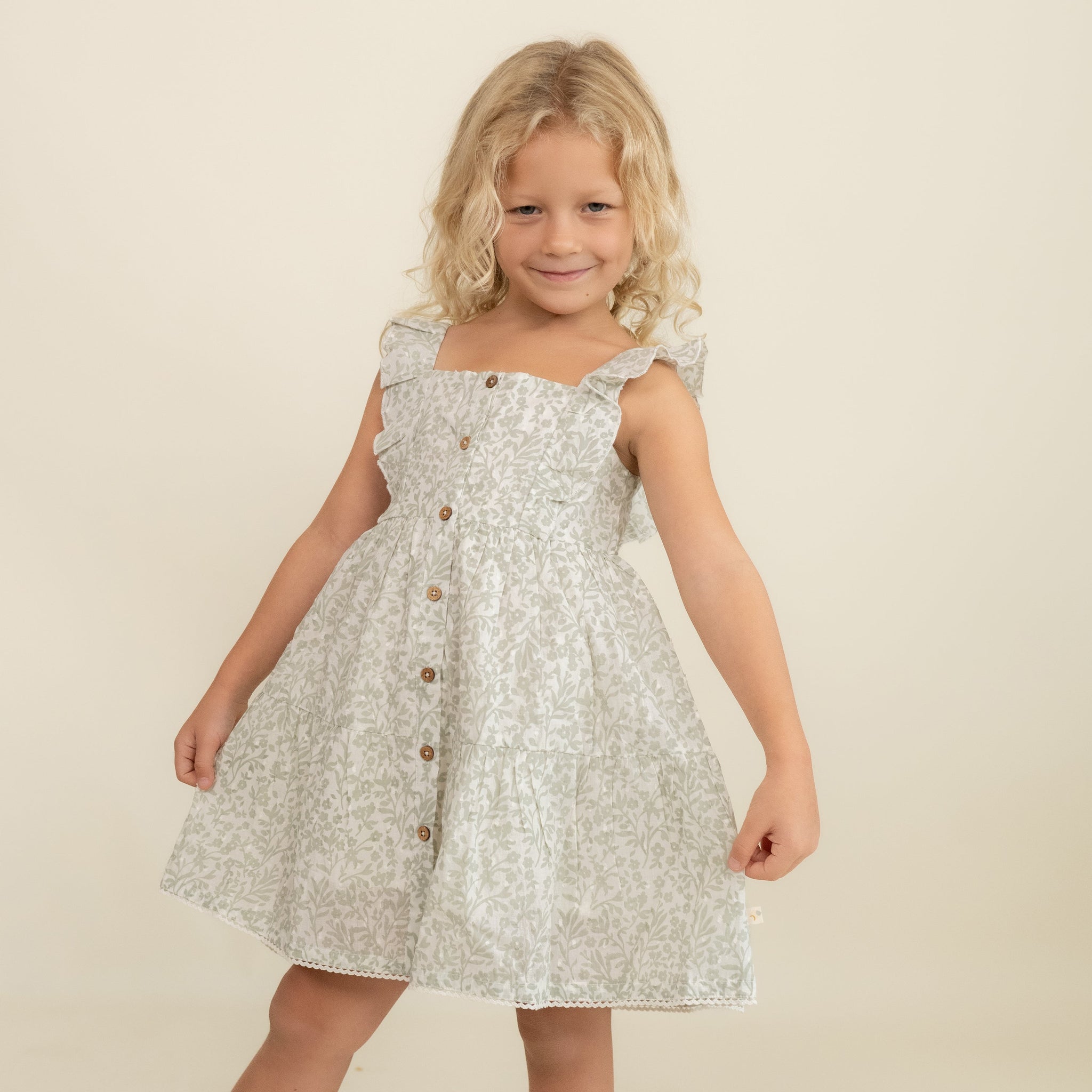 Organic Flutter Buttoned Tiered Dress - Sage Floral