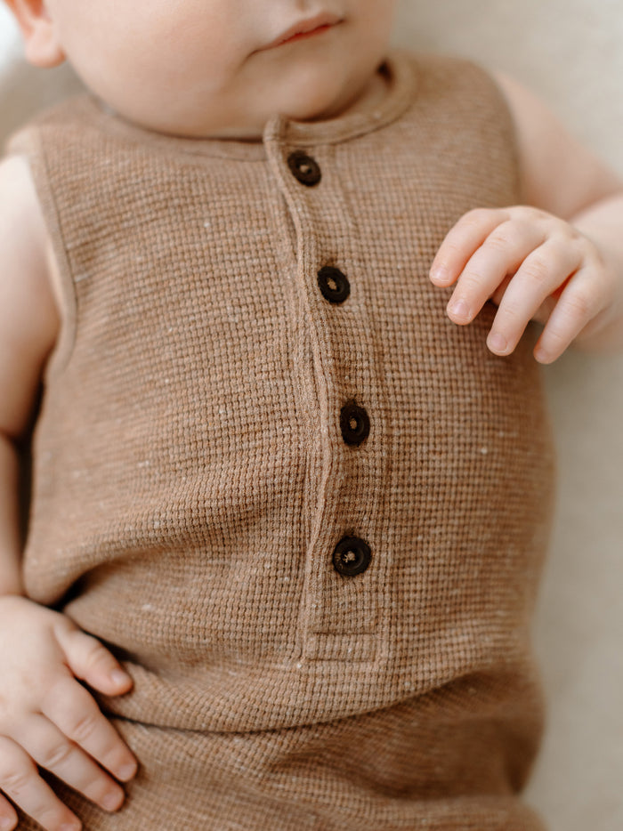 Organic Baby Wade Waffle Henley Romper - Heather Mocha
