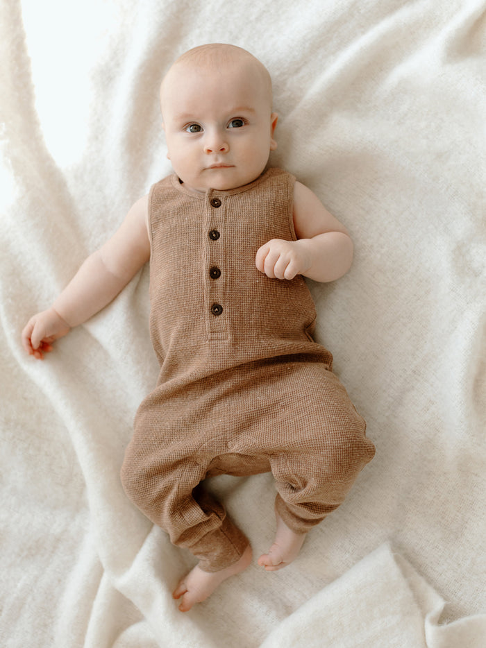 Organic Baby Wade Waffle Henley Romper - Heather Mocha