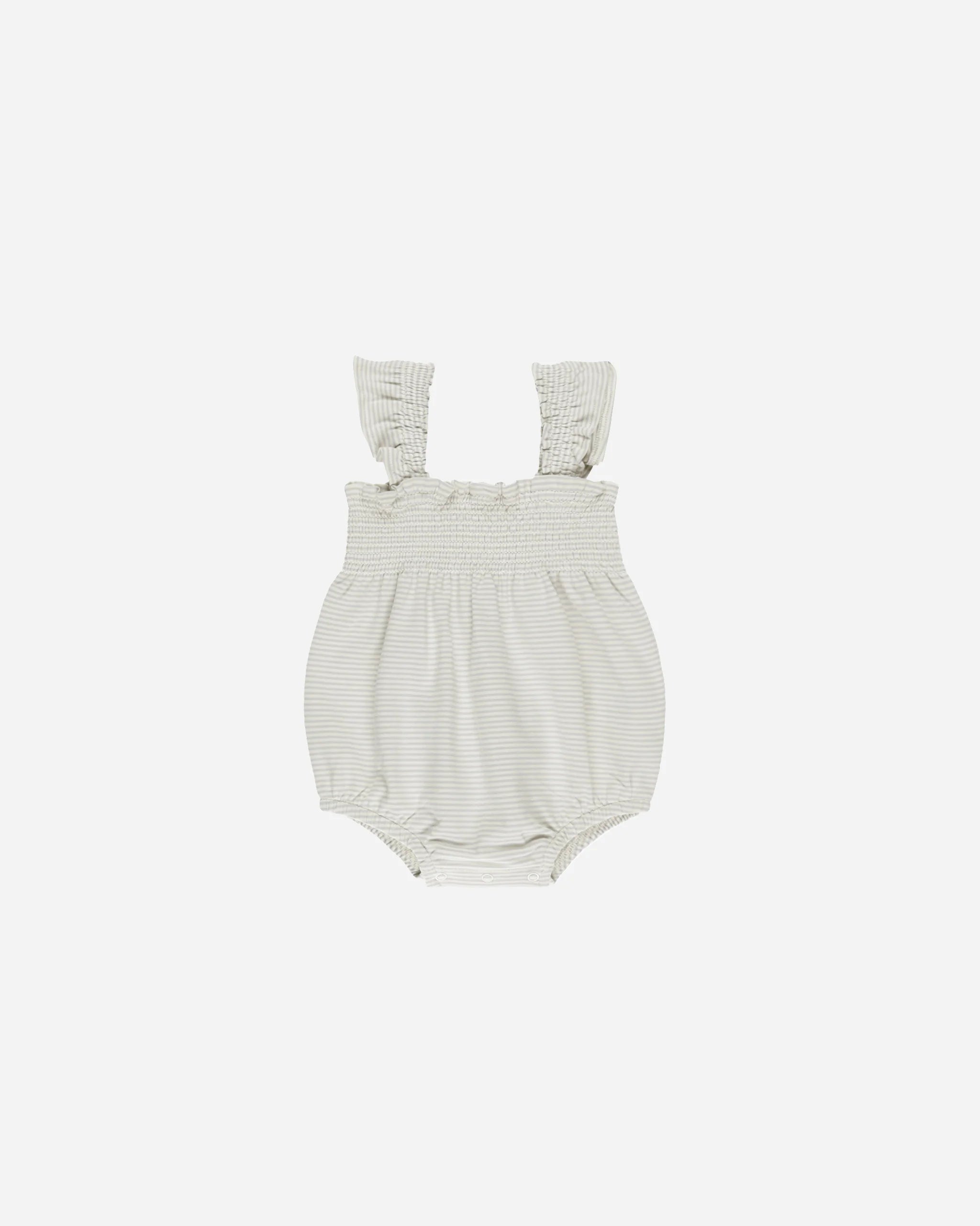 Smocked Ruffle Sleeve Romper - Sky Micro Stripe