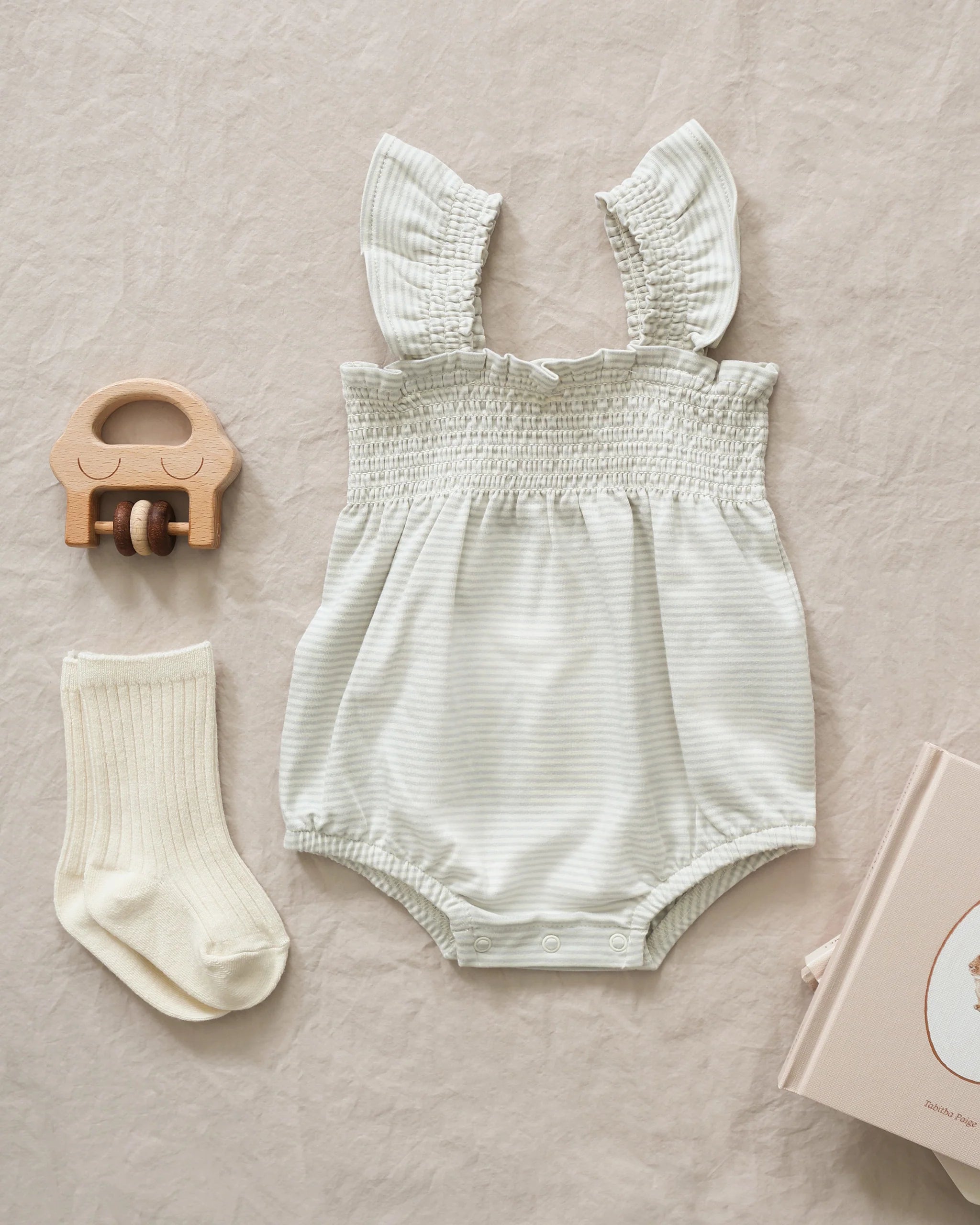 Smocked Ruffle Sleeve Romper - Sky Micro Stripe