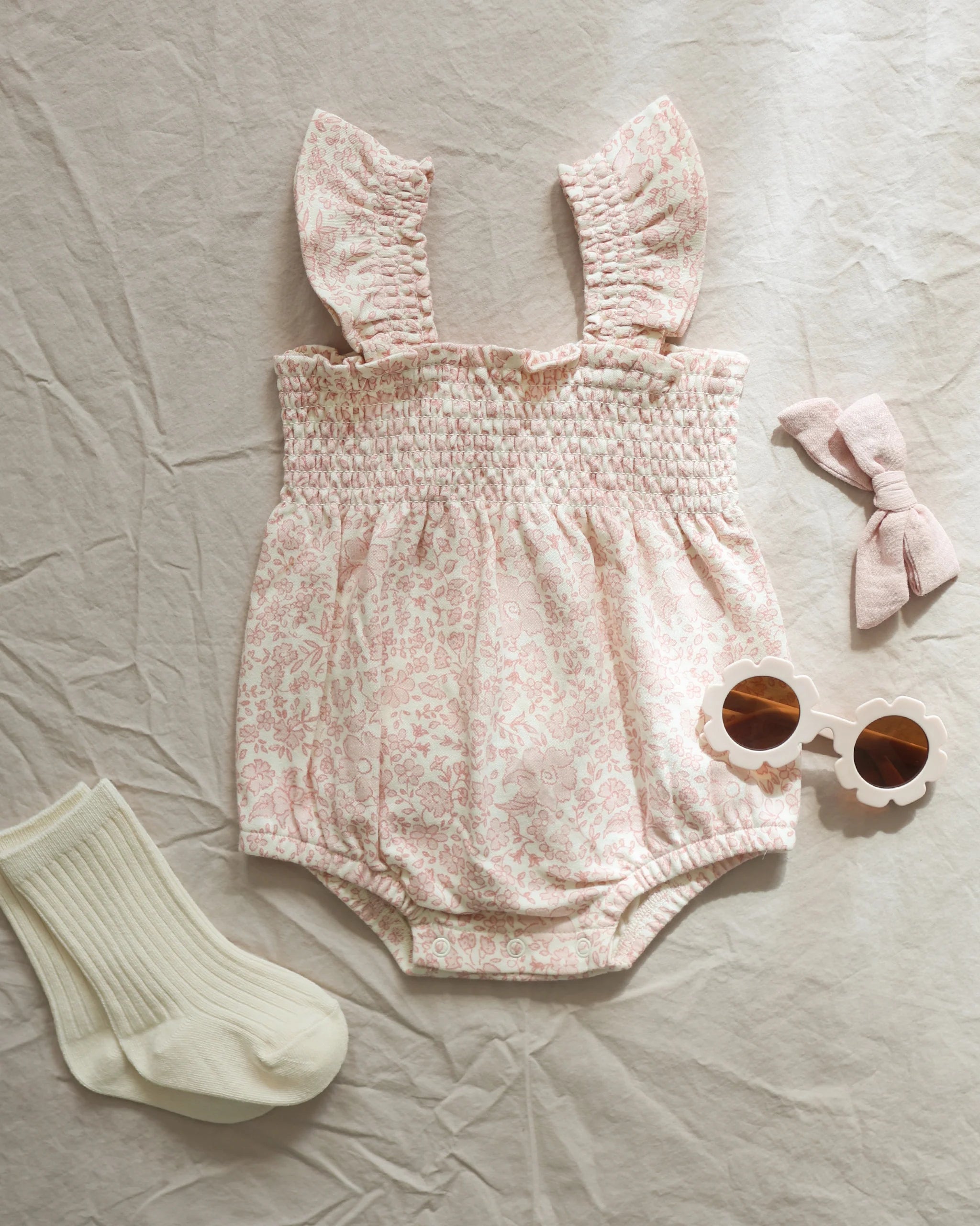 Smocked Ruffle Sleeve Romper - Pink Blossom