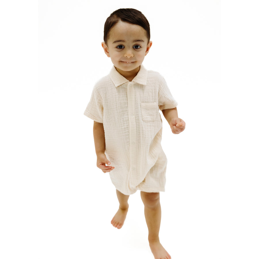 Button Down Polo Shortie - Muslin White Swan