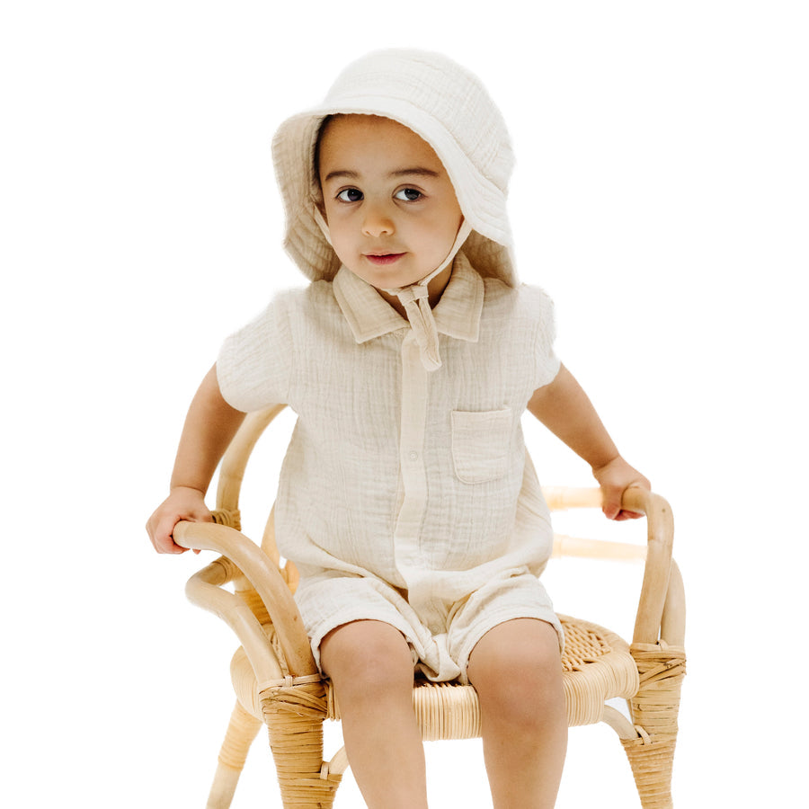 Button Down Polo Shortie - Muslin White Swan